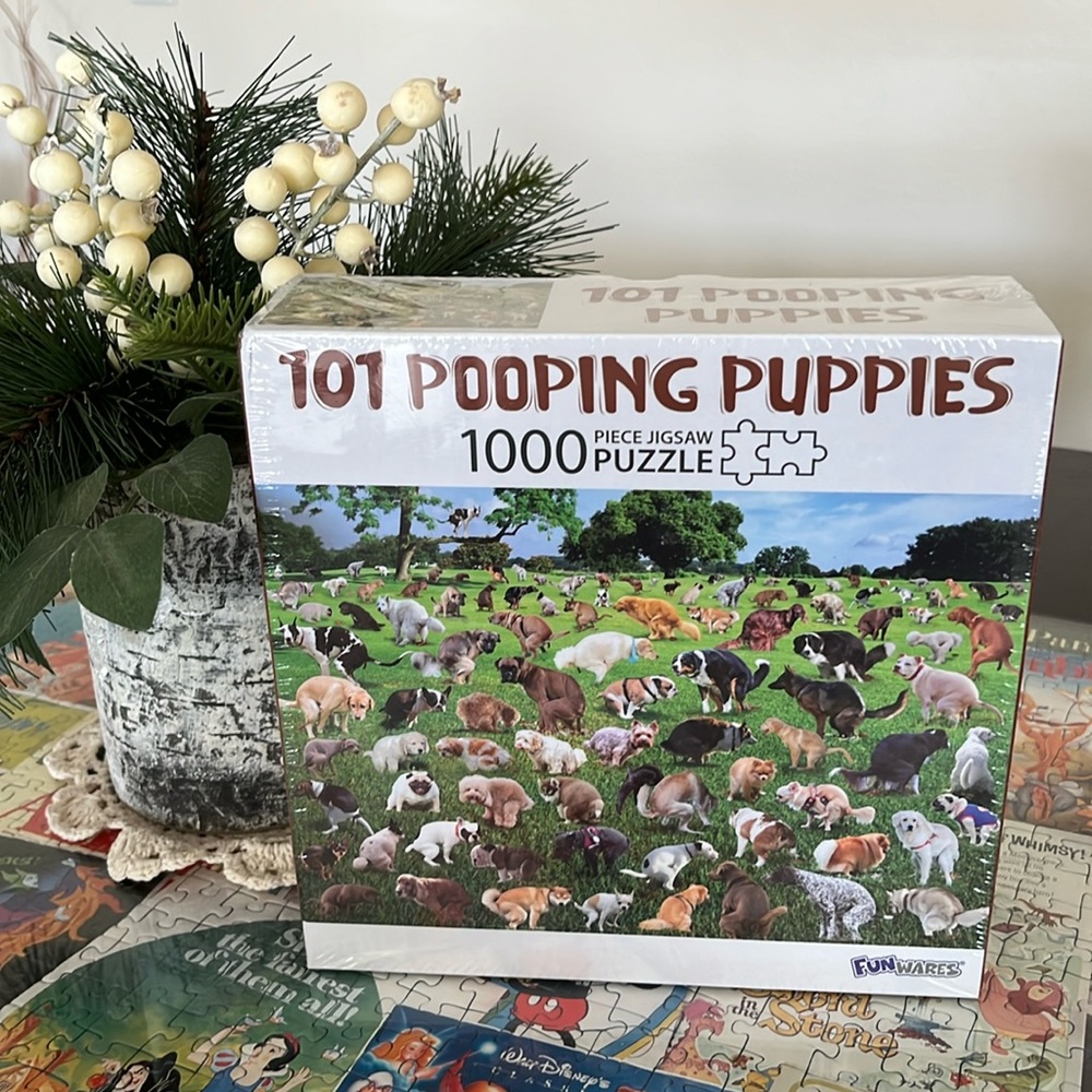 NIB Funwares 101 Pooping Puppies 1000 Piece Puzzle, White Elephant Funny Gift